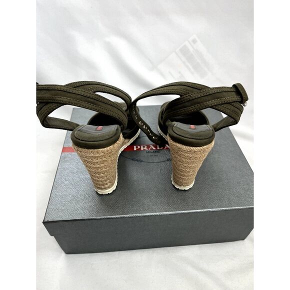 Prada Open Toe Wedge Sandals Olive Green EU 38 US 7.5 Espadrille Platform - Picture 5 of 11